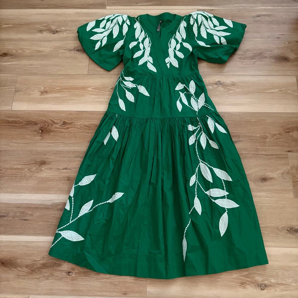 Anthropologie PETITE Short-Sleeve Appliqué Maxi Dress Green S Petite